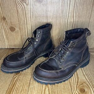 Vtg Frye dark brown logger chunky lug moc toe lace up leather boots Vibram soles